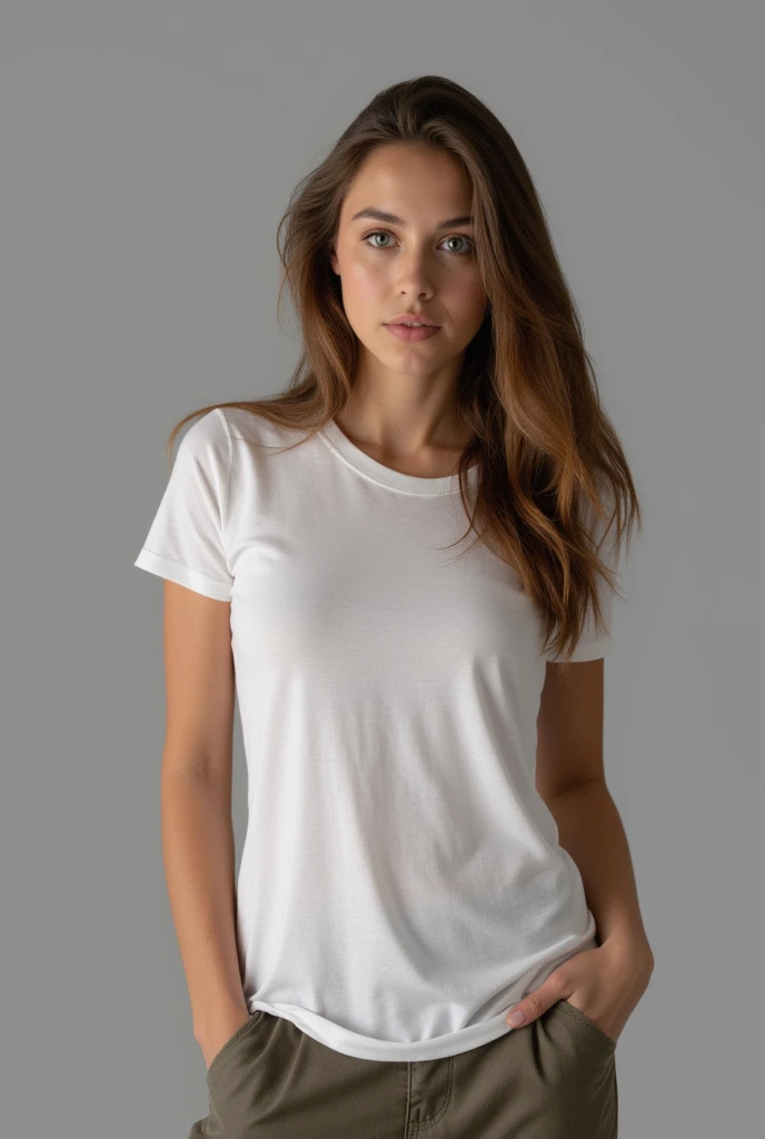beautiful latin woman, standing straight facing forward,with white t-shirt, denim jeans pants, on a greyish background, cotton t-shirt texture, fitted t-shirt, round neck, striped tights. Medium camera shot.