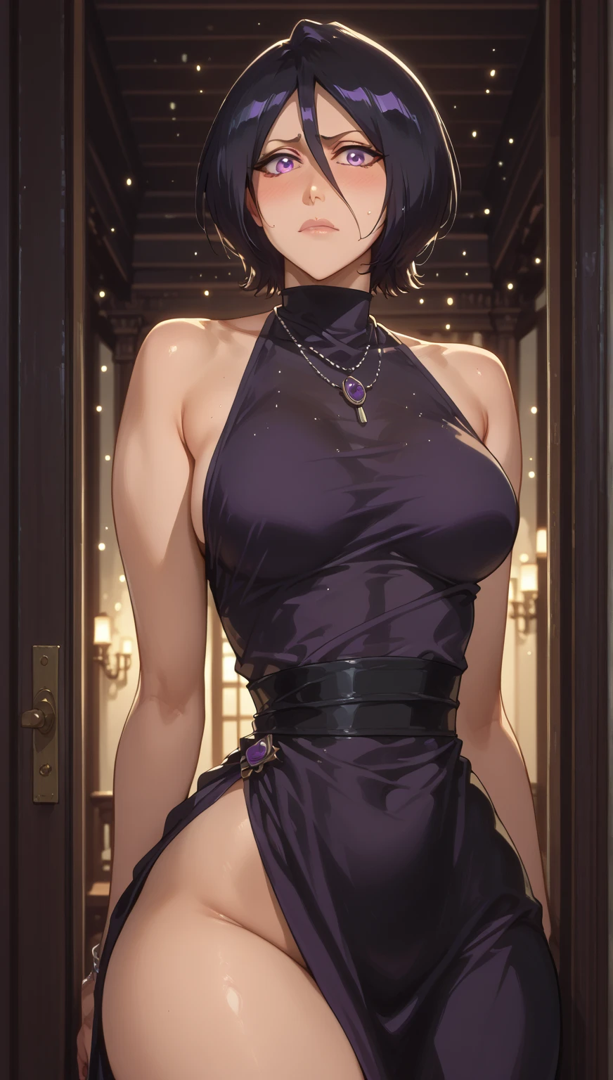 (masterpiece, best quality:1.2),((photoreal:1.3)),perfect anatomy,((solo:1.5)), ((alone:1.4)),((1 middle age woman:1.5)),((1 mature woman)),((MILF:1.2)),perfect eyes,Itsuki Shima, ((looking at viewer:1.4)),((horizontal angle:1.4)),((straight-on)),((face and body straight at the camera:1.4)),(view from the front,shooting from front,lighting from front),((small breasts:1.4)),(sagging small breasts),((Piutuary small breasts)),(muscular),((do not hide your crotch:1.4)),((cod lips)),((standing at attention:1.3)),(holding your head high),((hands on hip bone)),((bare legs)),((bare arms)),((bare shoulders)),delicate and beautiful,blunt bangs,(angled bob cut:1.2),bowl cut,(dark purple hair),detailed hair,BREAK ((light grey long dress:1.3)),halterneck dress,sleeveless dress,