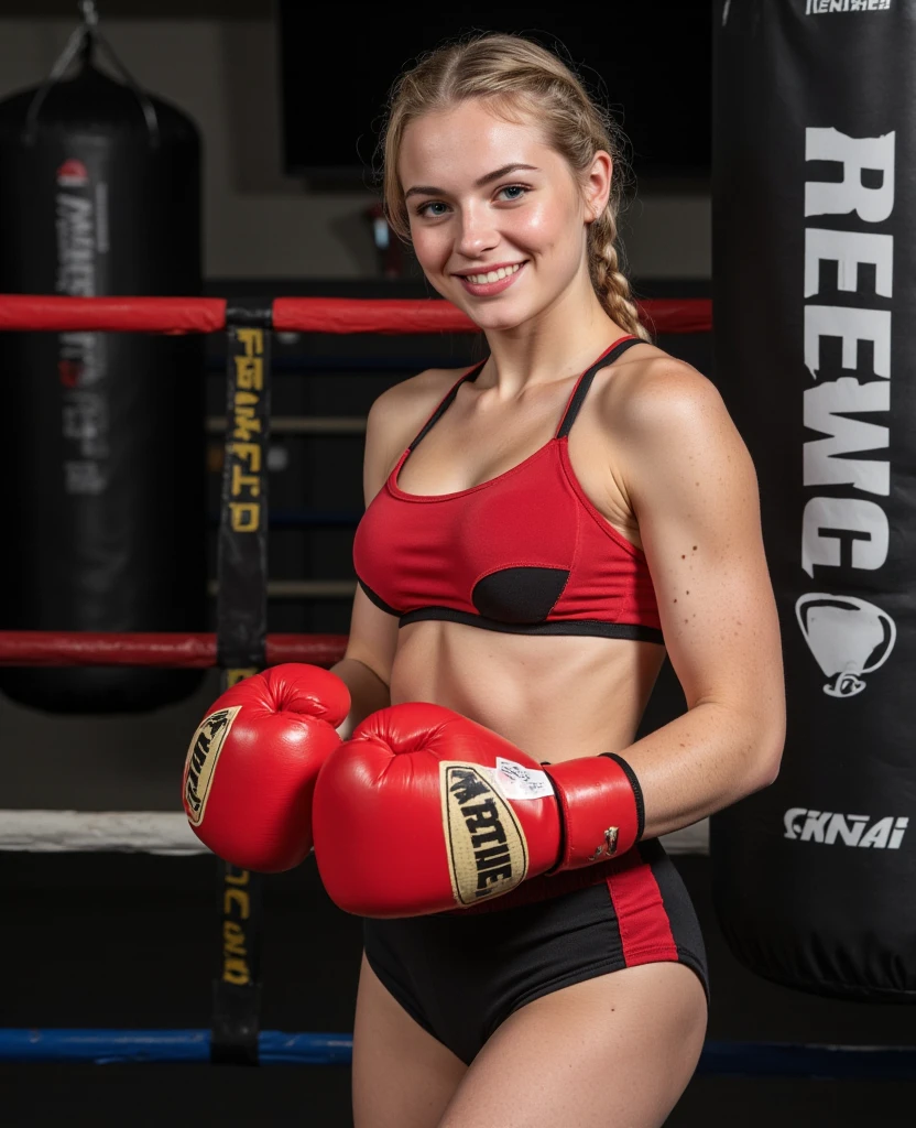 (medium full shot) of (powerful boxer) young woman, native american, tan skin, brown eyes, Medium build, short ginger bob hair, wearing gold muscle shirt, training pants, wrestling shoes, boxing gloves, sweatband, set in sparring ring, quieter gym, trainers watching closely, mats around the ring, heavy bags in the background, other boxers training, woman smiling, Masterpiece,best quality, photo, realistic, very aesthetic, detailed face,