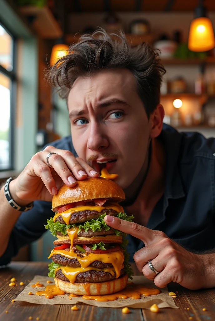 Hombre albino con falda comiendo una hamburguesa
