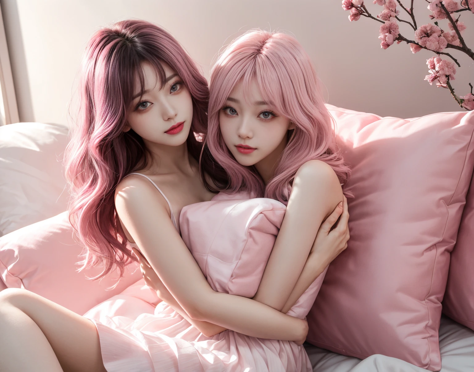 Beautiful girl with long pink hair wearing a mask sits on the bed and licks her fingers