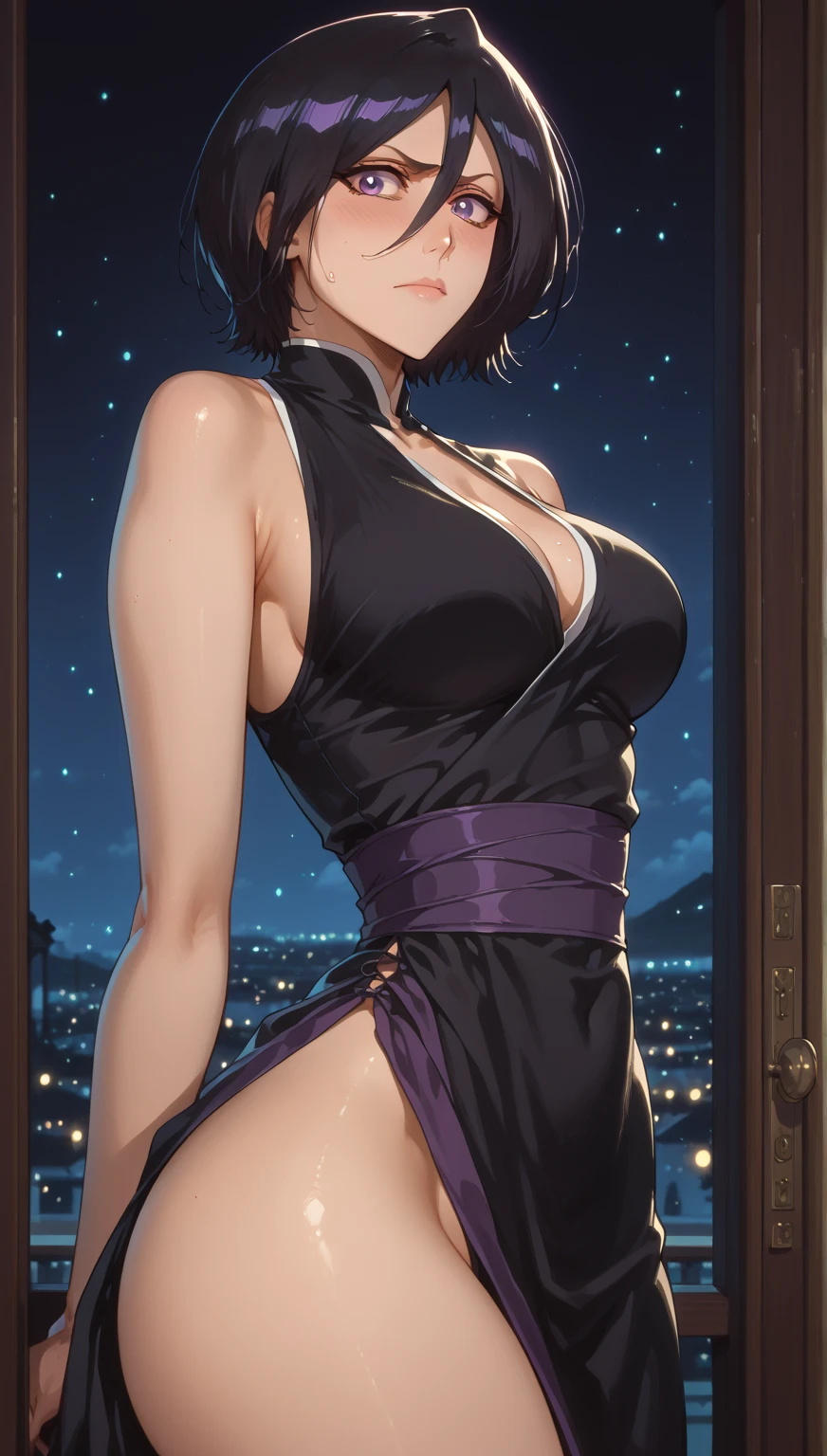 (((perfect anatomy,realistic:1.4,RAW Photography:1.4,masterpiece、highest quality、Ultra - High resolution、High resolution、Highly detailed CG、8K))),cowboy shot,1 female,solo,18 year old beauty,Japanese,((beautiful detailed face and eyes:1.3,big gorgeous eyes:1.3,gray eyes)),black hair,short bob hair,blunt bangs,blush,(medium breasts,slender body,small head:1.3,skinny),(gleaming skin,oily skin,shiny skin),,((ninja:1.7,Black kimono,bare shoulders, detached sleeves, cleavage)), rooftop of high-rise building,Tokyo、at night、moonlight,