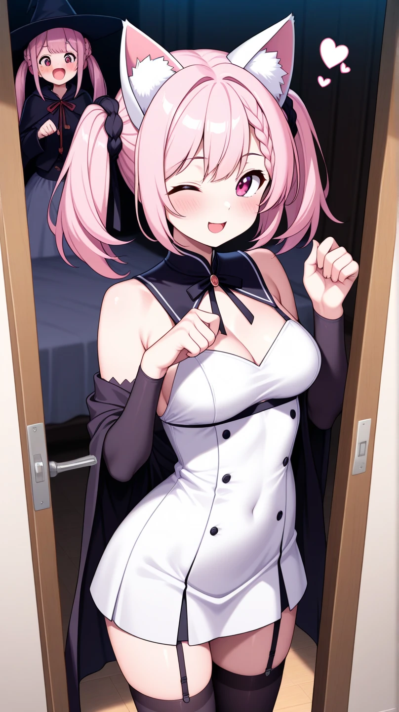 Highly detailed and realistic CG, Colorful, Masterpiece, Best Quality, magnificent, jewel-like eyes, 1girl, solo, small, 18+ petite teen, mesugaki, pink hair, long hair, nun cassock clothing, priest, black wedding veil, black bridal gauntlets, closed eyes smile, church, marriage, from pov, midium breasts, contrapposto, hair intakes, unexposed, skindentation, daizu,