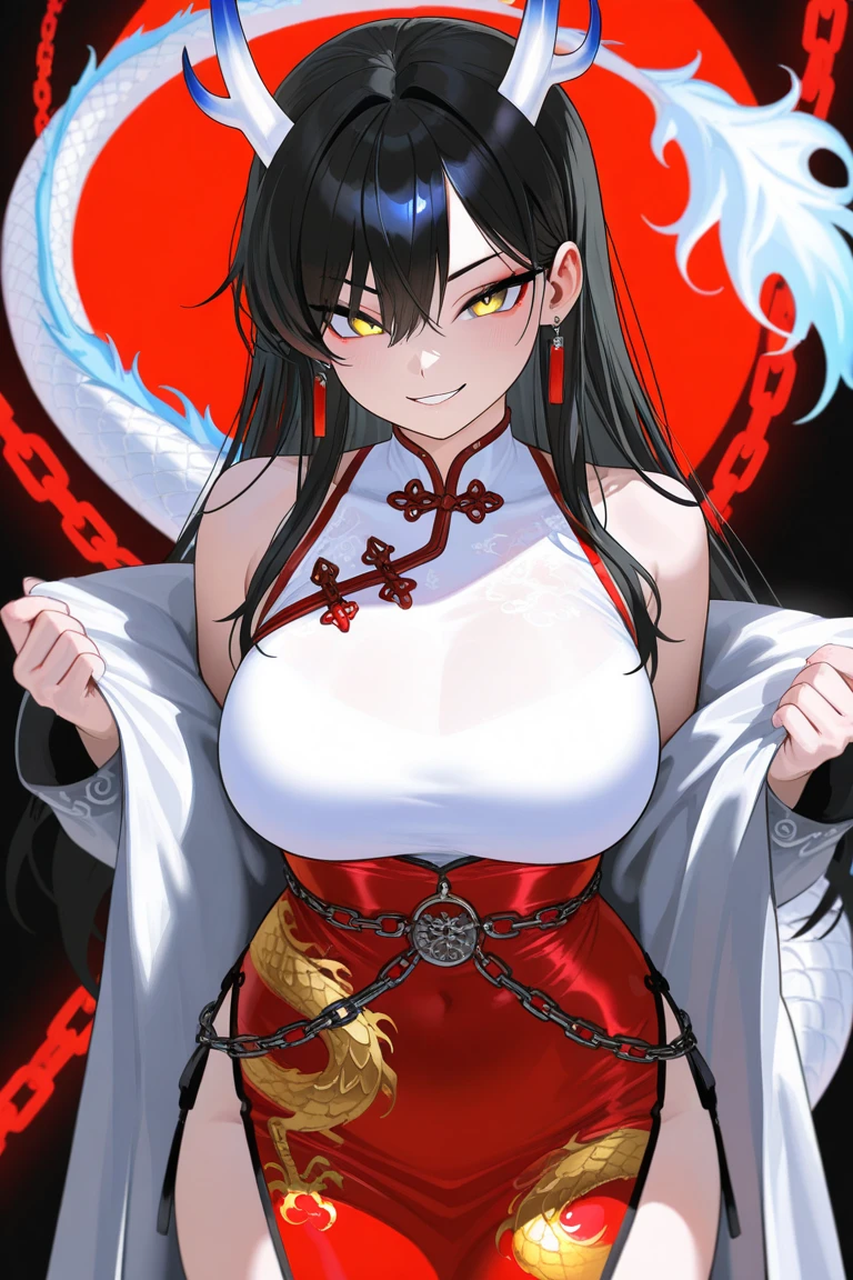 ((highest quality)), ((masterpiece)), (be familiar with),One female,Black Hair,Red eyes,Black Dress,Chest tattoo, Bewitching Smile,Heel,Black Hair,Hair tied around the neck,Red shawl,Erect nipples,(whole body),Slanted Eyes