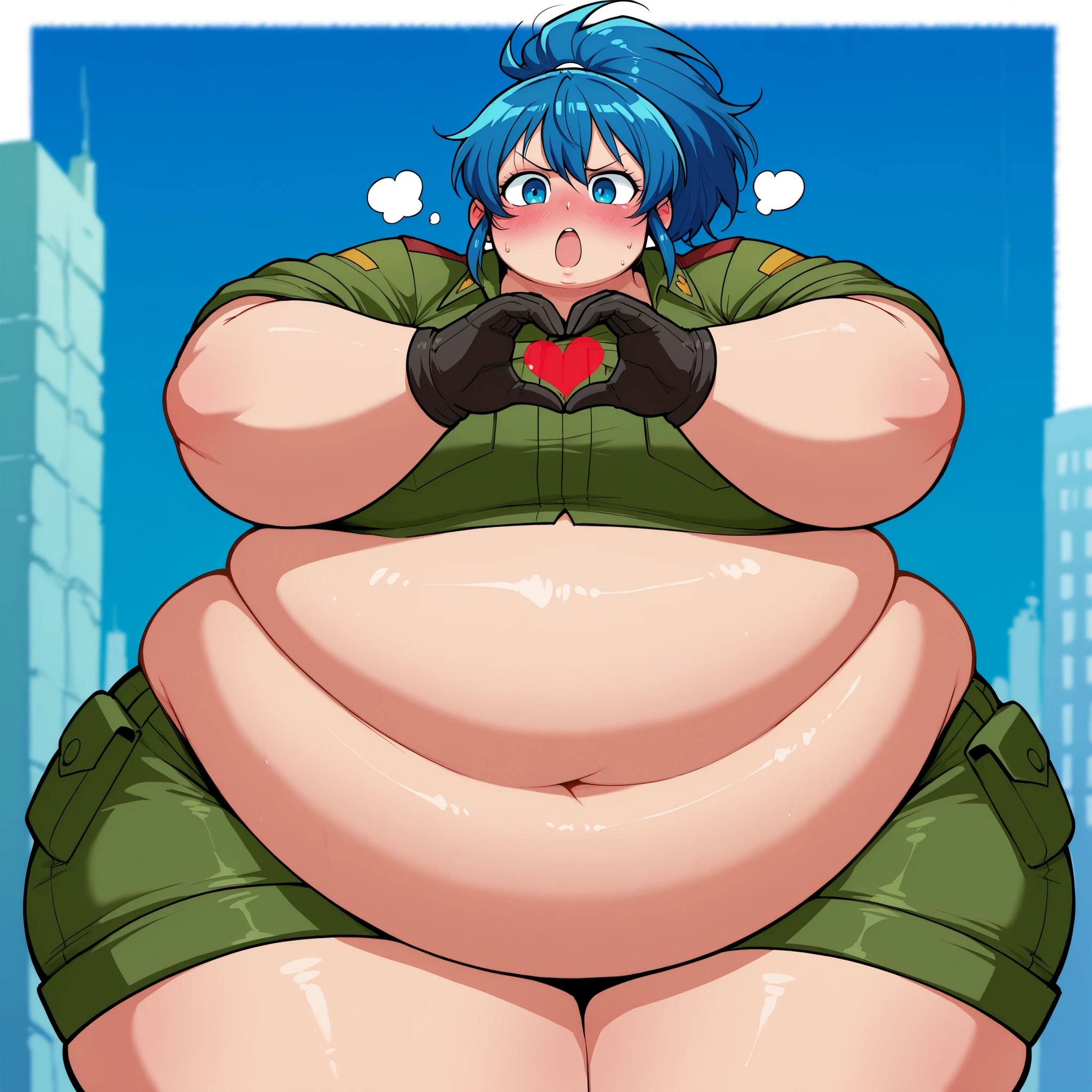 score_9, score_8_up, score_7_up, score_6_up, source_anime, BREAK masterpiece, ClassicLeona, green top, military uniform, shorts,, breasts, looking at viewer, blue hair, ponytail, navel, midriff, blue eyes,  fat, chubby, obese, gigantic arms and legs, large breasts open mouth, out of breath, blush, heart hands,