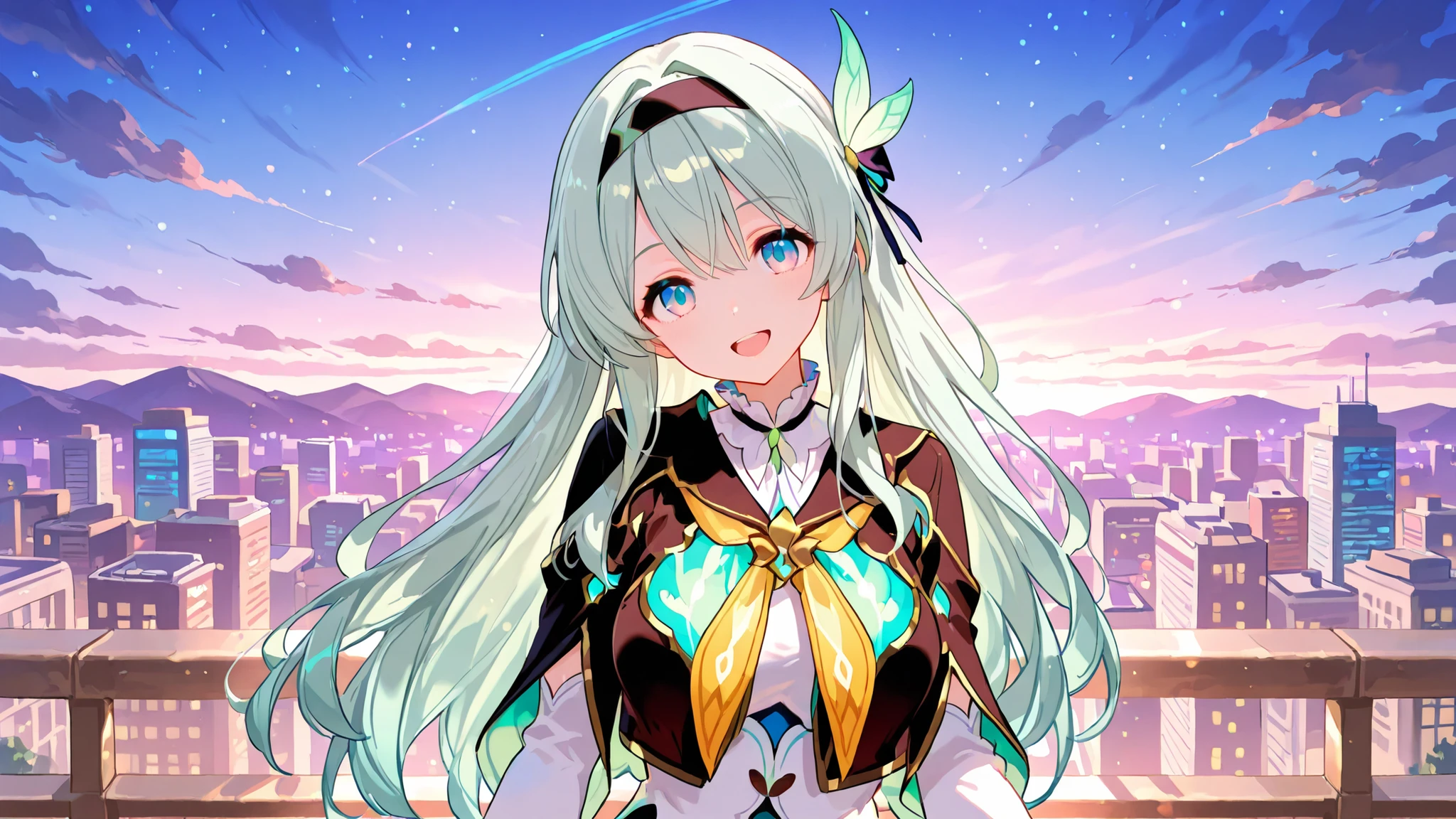 masterpiece, 1 girl, [firefly, Cowboy_shot, head_tilt , smiling, open mouth, arms_at_back, leaning_to_the_side, hairband, feather hair ornament, frilled shirt, frilled collar, cropped jacket, yellow neckerchief] roof top, gradient sky, evening, city skyline background, (look at viewer, three_quarter_view, rule of third)