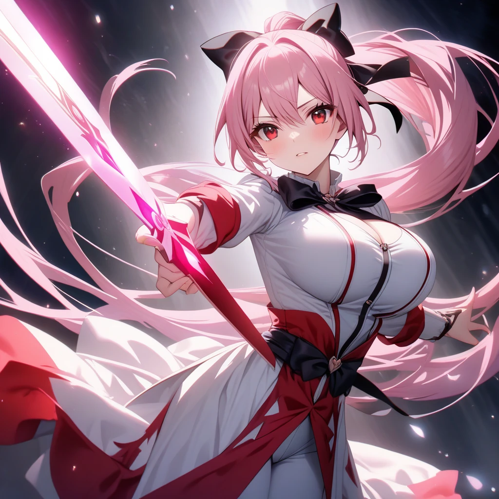 An adult woman, half fox, pink and white ears, pink and white hair, pink eyes, little white and black dress, wide breasts, very angry, holding a sword