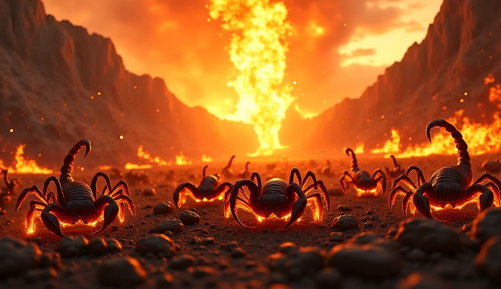 Legion of demons torturing people, hellish environment, fire and skulls on the ground