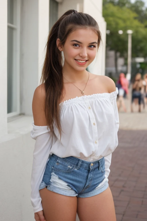 Highest quality, 8K, Very delicate and beautiful, On the beach,Highly detailed face and skin texture, High resolution, Dressed in stylish summer clothes、A sexy long-haired Japanese girl with tanned skin is standing in the street and smiling, whole body, Sharp focus,Random Face,Random Posing,20-year-old female,