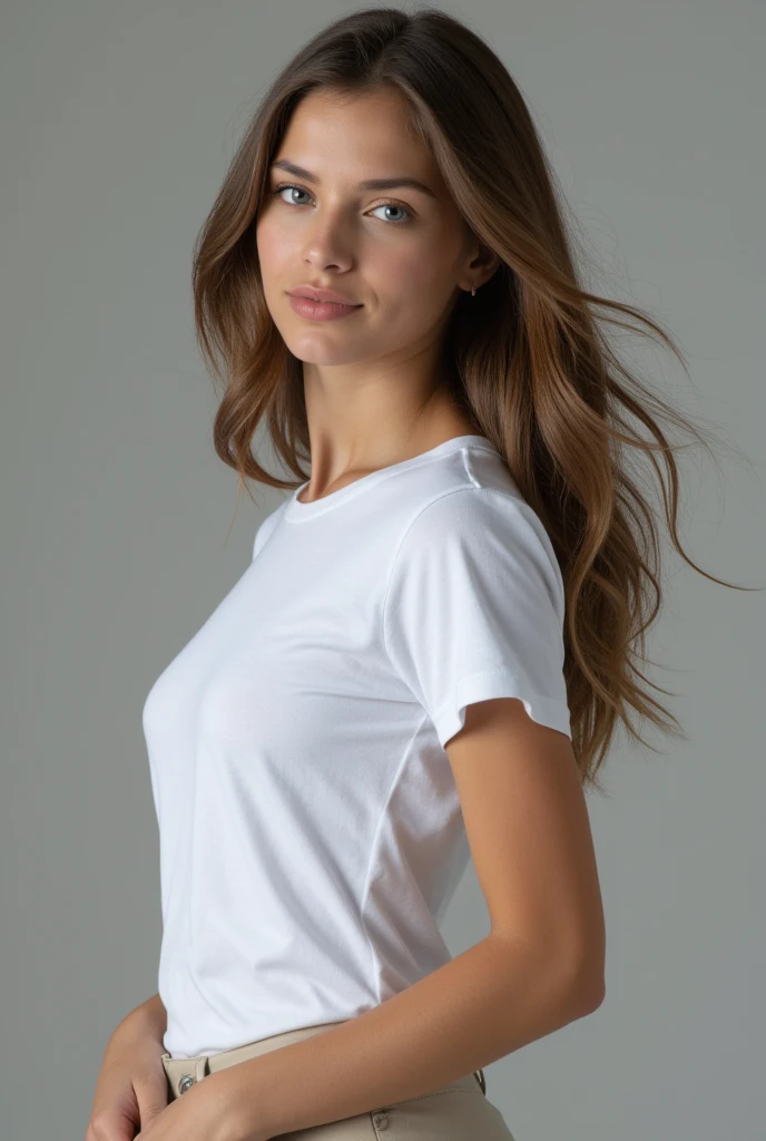 uma mulher linda de cabelos Brown ondulados vestindo uma camisa justa branca, camisa rasgada, lavagem neon branco, Roupa branca rasgada, com corte rasgado t - camisa justa, artista vestindo limpo, camiseta molhada, Roupas rasgadas, T-shirt branca justa, camiseta branca