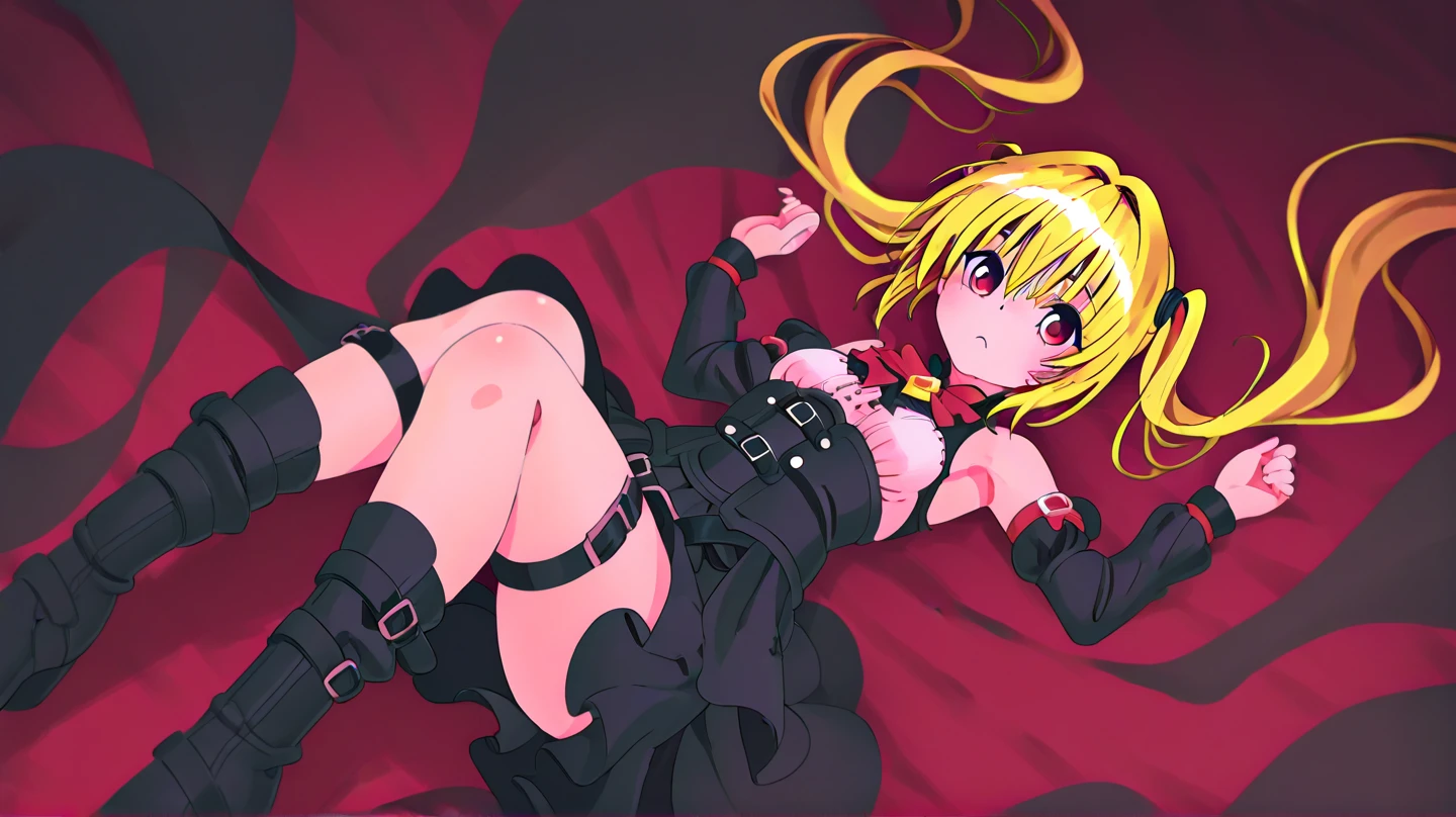 NSFW,masterpiece,Highest quality,High resolution,Very detailed,Golden Darkness\(To Love-Ru\),Blonde,Red eyes,long hair,Two Side Up,Small breasts,Black Dress,Sleeveless,Removable sleeves,belt,Cleavage cutout,Cutouts for clothes,Thigh straps,Knee socks,hair ornaments,(Lustful face),Glare,blush,Are standing,Nightlife,Alley