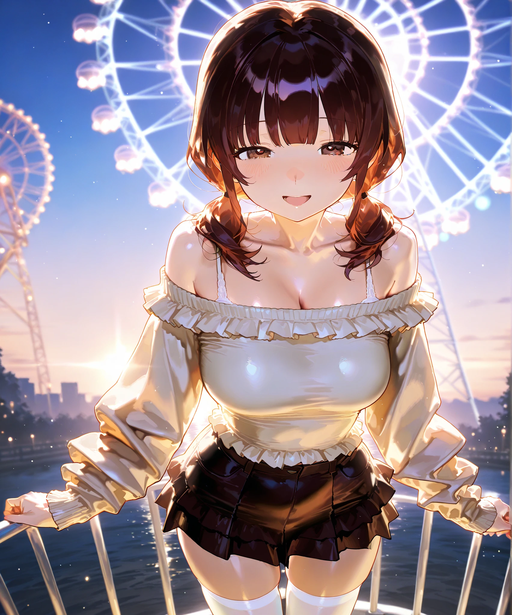 Woman standing on a balcony overlooking the city at night, Cute girl anime visuals, Beautiful Anime girl, Beautiful Anime portrait, Beautiful Anime artwork, Beautiful Anime art, Attractive anime girl, Smooth anime CG art, Beautiful Anime, Real life anime girls, Beautiful Anime woman, Beautiful Anime art style, Beautiful Anime high school girl, Beautiful fantasy anime、Camel Toe、Giant tit、Nipple Puffs、Cleavage、Plump、Super big breasts、Super big butt、下に広がるamusement parkの風景、amusement park