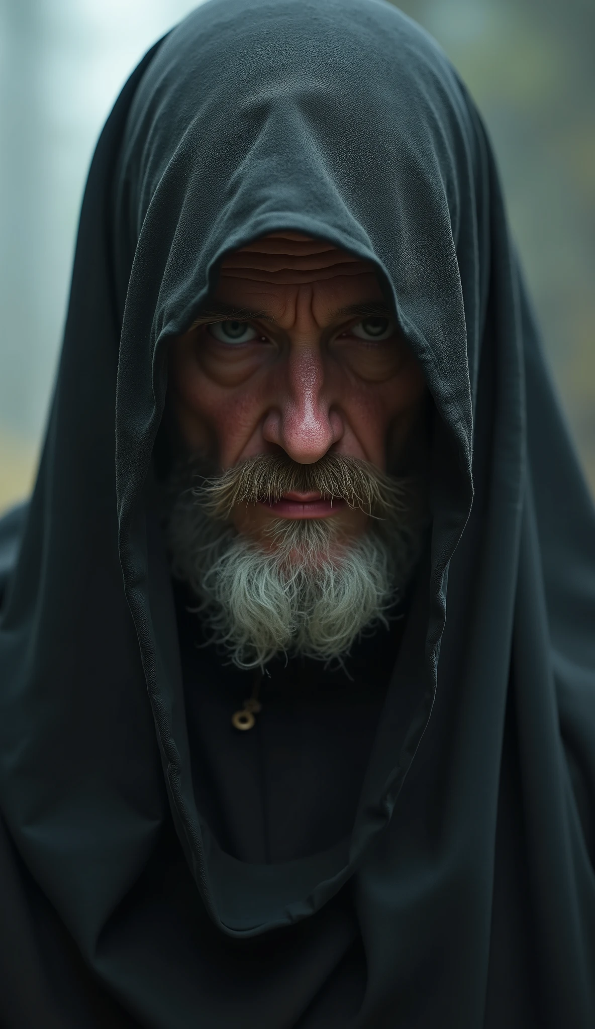 close-up portrait of a Cistercian monk wearing a hood that reveals only his mouth, foggy background