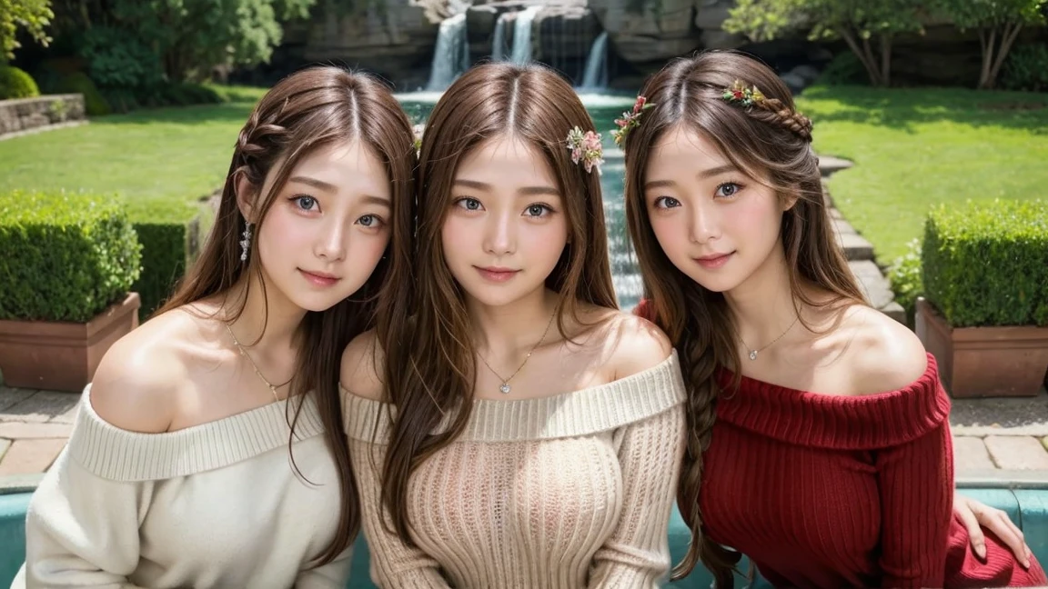 ( 3 girls),smile、Look into the camera、diamond necklace、braided hair, Bright, random colored tank tops:1.1、The material is smooth and flexible..、revealing upper arms、close range shooting、Flower Hair Ornaments、 Masterpiece, Highest quality, 8ก, beautiful girl, young face、 photography, Cute face, thigh, waterfall,、รอยsmile、small waist, blue eyes(((The chest is erect..)))(((round chest)))(((big breasts:1.1)))