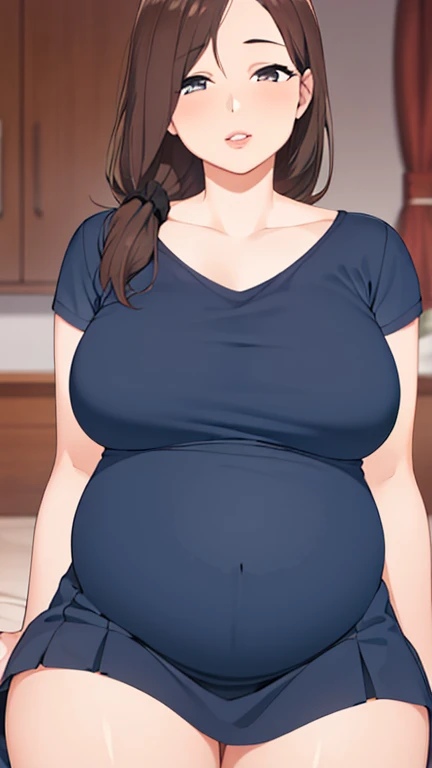 il y a une femme en chemise blanche et culotte noire qui pose, she has a round and big belly, thick, bbwchan, her belly is big and round, sultry body with sexy belly, attractive plus size model, her navel is exposed, hyperrealistic complete figure, corps thick, large stomach, curved model