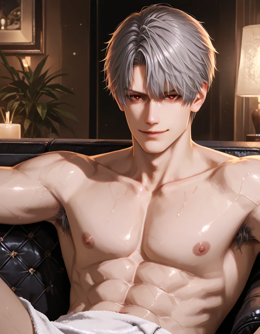1boy, adult, handsome, perfect face, detailed eyes and face, clean shaved, sixpack realistic, white eyebrow hair, white eyelashes, dynamic lighting, unreal engine 5, hd picture, satoru gojo, white hair, short hair ,hair between eyes ,blue eyes, white skin, Smile