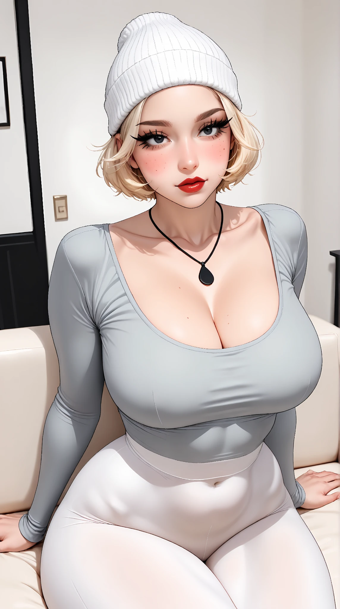 Emphasize her tiny waist, extra wide hips, wide thigh gap, thick toned thighs, and plump camel toe in low-rise tight grey slacks - Young short cute sexy blonde in her bedroom, huge hanging breasts with visible areolas, full thick pouty lips, big innocent smile, thick wavy wedge hairstyle, cute face, big blue eyes with long eyelashes, super wide birthing hips, thick toned thighs - Outfit: white button-up shirt, barely containing her huge breasts, bare midriff; skin-tight grey slacks, very low on her hips, accentuating her wide camel toe; no bra, no panties.