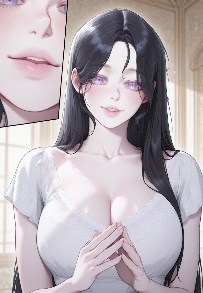 masterpiece, best quality, beautiful woman, full body, detailed hairstyle, sweated cleavage, lewd, blush, completly sweated, hoop earrings, golf bangle, choker, mature female, indoors, <lora:sadako_v3:1> yamamura_sadako, white dress, very long hair, black hair, grey skin, hair over eyes, eyes covered, hourglass figure, crawling out of tv, arched back, hair over one eye, eye covered <lora:titfuck, paizuri - Titfuck_Realistic:1> 1boy, penis, pov, pov paizuri, titfuck, paizuri