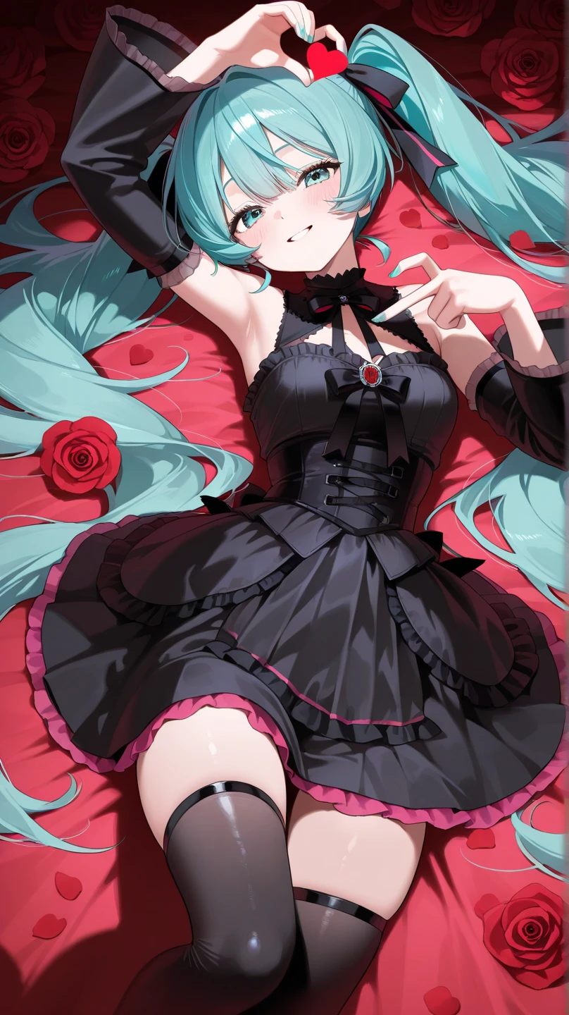 Masterpiece, best quality, 1 girl, alternating hair length, ridiculously long hair, brunette, ahoge, bow, aqua eyes, seductive smile, tongue, dark eyes, long eyelashes, large breasts, moles on breasts, tank top, shorts, black stockings, leg straps, shoes, pendants, headbands, flower ribbons, headbands, hairpins, hair_ribbon, hair_flower, crimson dress, uncensored, no bra, spread_legs