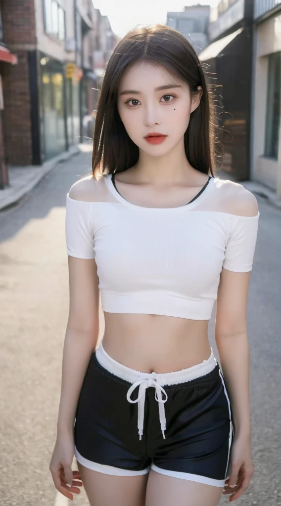 Quiet,Light makeup,Sexy,Peerless Beauty,Intellectual,clavicle,Neat long hair,Black Hair,Delicate face,Exquisite facial features,Natural expression,Natural eyes,blue sports shorts,standing