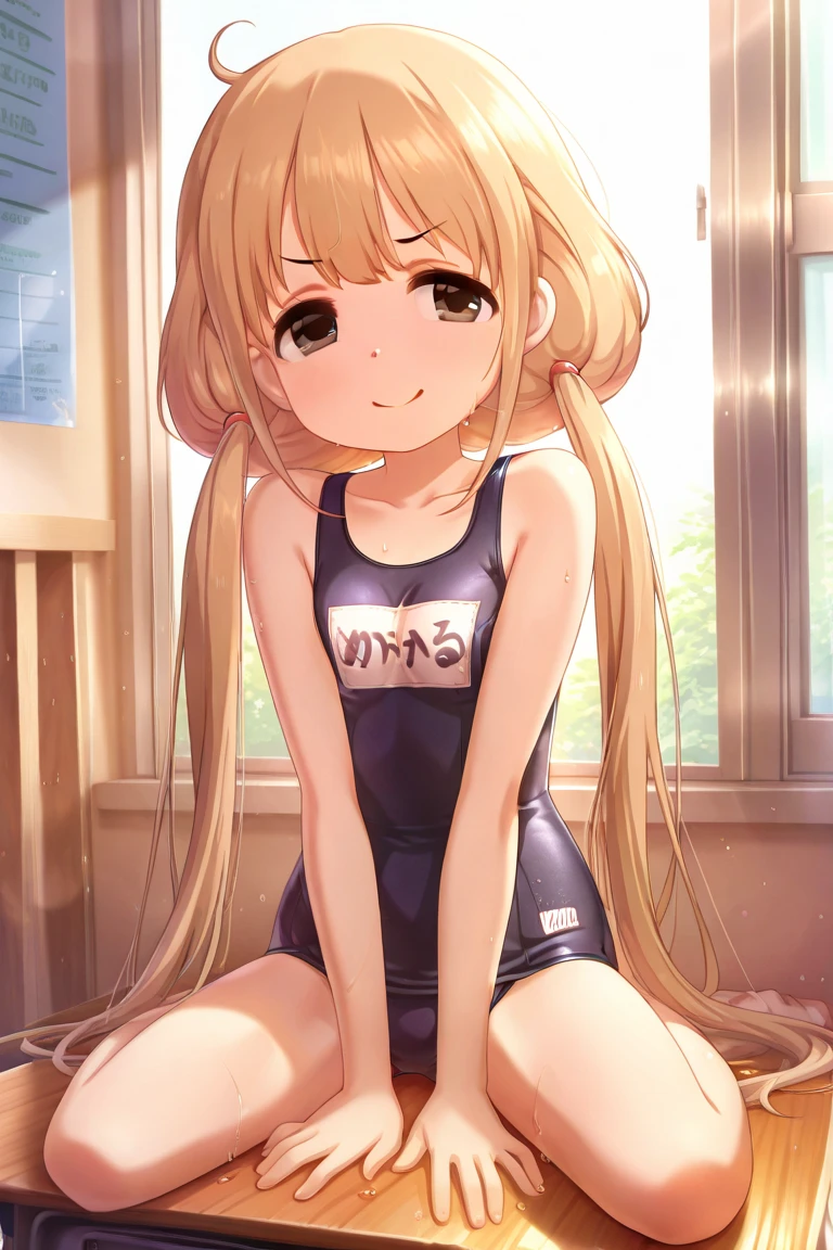 Cute little beautiful girl、Budding breasts、School swimsuit、A sweet and adorable blush、Beautiful Eyes、Brown skin、Braid、