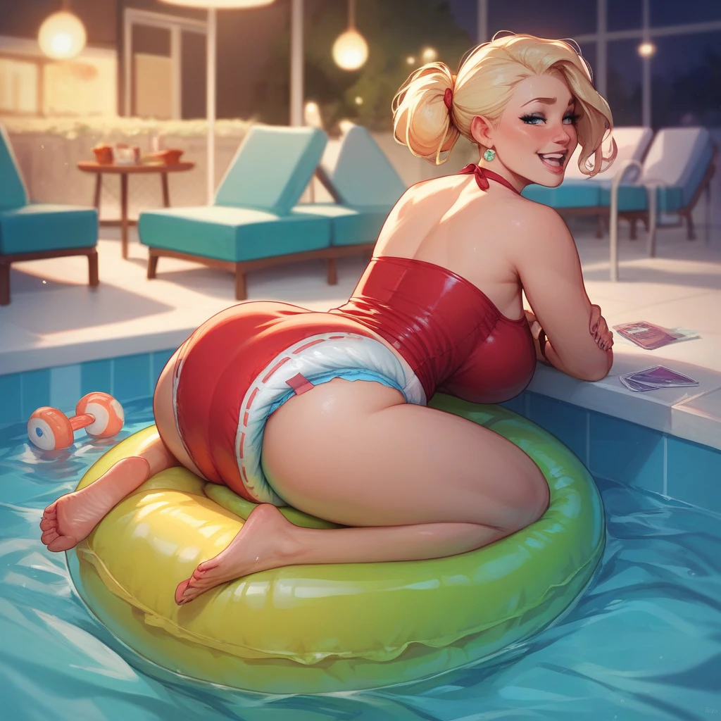 back view, bathroom, (vapor,foam:1.2), angel girl, (((blond hair))), (slutty:1.5), (((perfect female body, narrow waist))), (big breasts), long legs, (beautiful:1.3), (blue eyes, ponytail), choker, thick thighs, thighs, cinematic, looking at viewer, (Micro skirt), a girl is standing in an overflowing bathtub, (white theme:1.2), ( ultra realistic 8k cg,uhd,sharp focus,digital art:1.0), small wings, (heaven, colorfull blue:1.4), (tanned skin, detailed hair,smooth skin,oiled skin, skin in foam, shiny skin,young:1.4), (8k, best quality, realistic, intricate details, ultra high res, photorealistic, cinematic, masterpiece, extremely detailed, cinematic light, Unreal Engine), (freckles:1.1), fantasy, (petals,pink hearts:1.2), (red flowers:1.4), detailed body, nipples<lora:th3p1t_v3:0.3> th3p1t