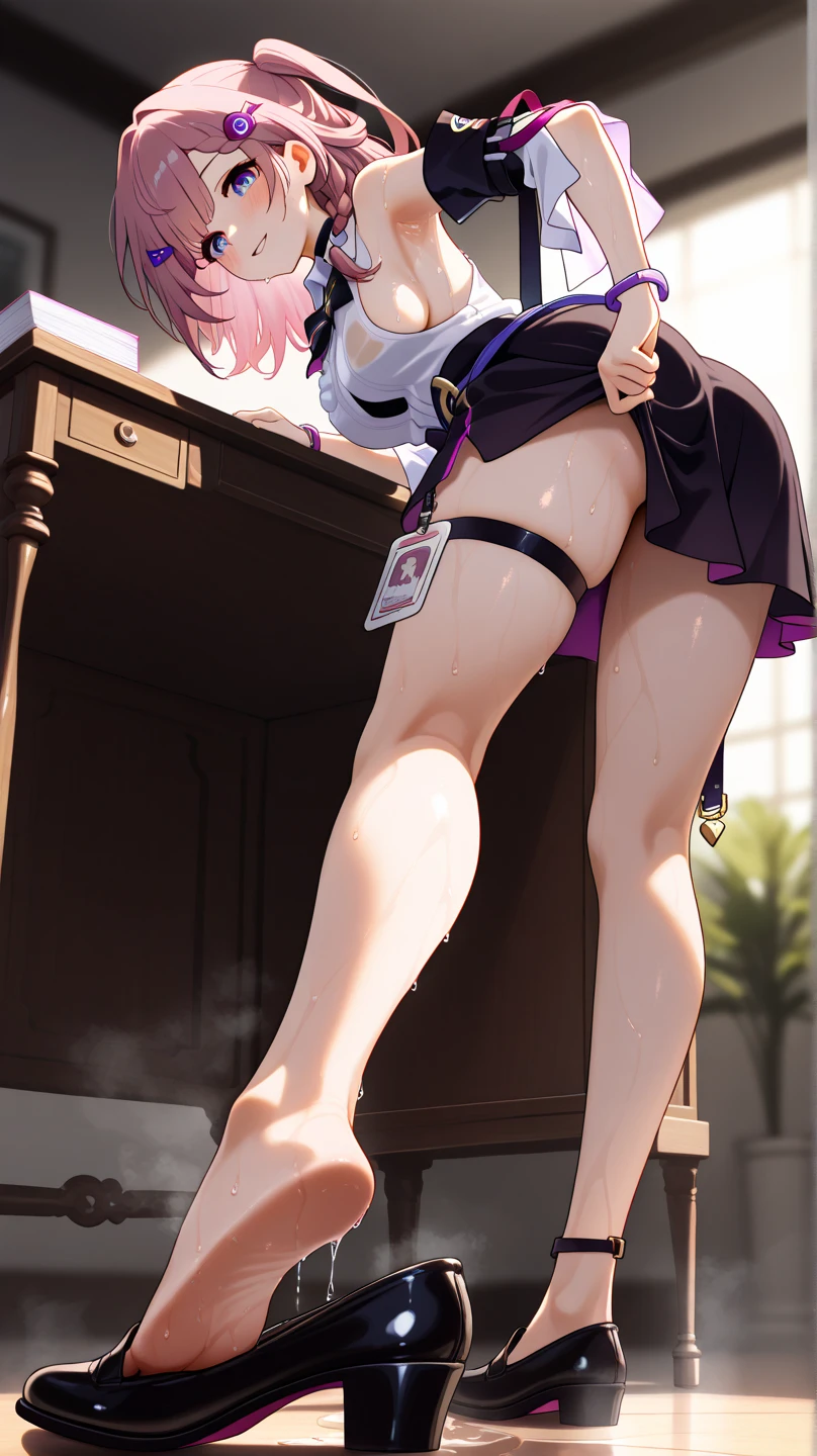 (Ultra flat, Flat Shading), Honors Type, Really blushing, 17years old, high school girl, Wearing a long sleeve shirt and a checkered pleated mini skirt, Short bob cut brown hair, Glasses, Sweaty healthy body, ((cyber punk))(SF body suit,sci-fi headgear,high heel long boots)Mesgaquismiles, ((Very, very big butt))((Panties are visible))((Shiny satin pink panties))((full back panties))(from behind)(ass focus)((from below)), Ultra-realistic, early morning, Breeze Skirt Lift, (Spread your legs:1.0), (squat)