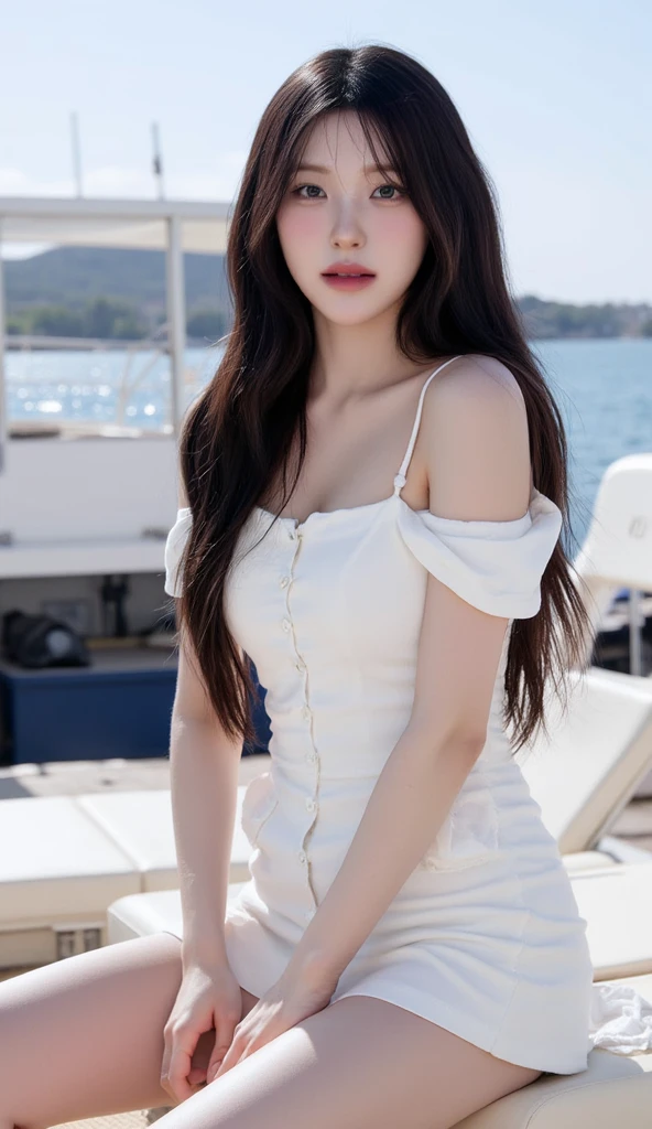 Beautiful woman with perfect figure:1.6,Ultra-high resolution,4K,Sailor Suit,Beach Background,Long hair,Big Breasts,cute,White legs,(Lifelike:1.4),Layered hairstyle,White skin,whole body,Very delicate face and skin texture,Double eyelids,Skin Whitening,