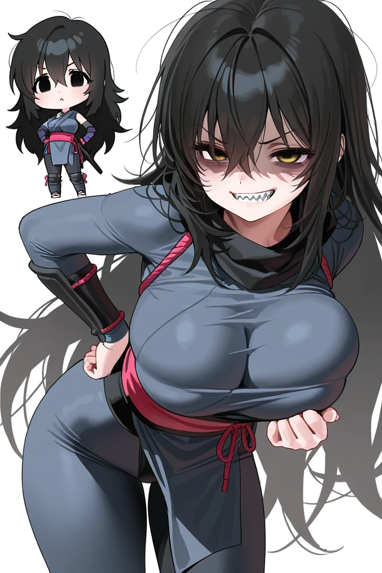 Ninja woman and mask and black hood and black shirt and black pants and black shoes and black hair and red eyes and cute and all black clothes and gloves and at school alone and she had her arms behind her back and she was at school and she was very cute Elfa