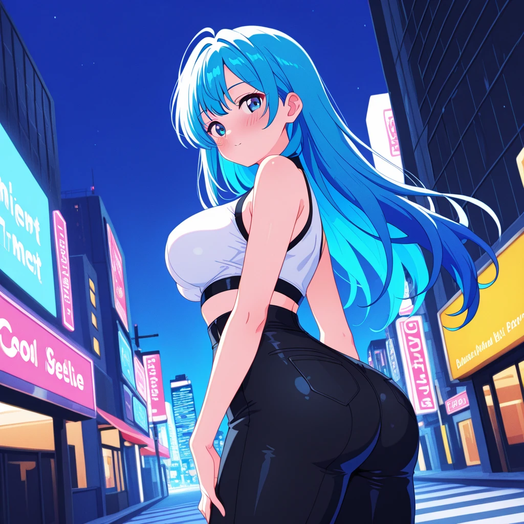 1mujer,3 metros de altura, piel clara, pantalones leggins ajustados, top, pelo color azul, grandes muslos, gran trasero, buena figura, mirando al espectador, abriendo sus piernas al espectador, orejas de gato, cola de gato, mirada traviesa, grandes pechos