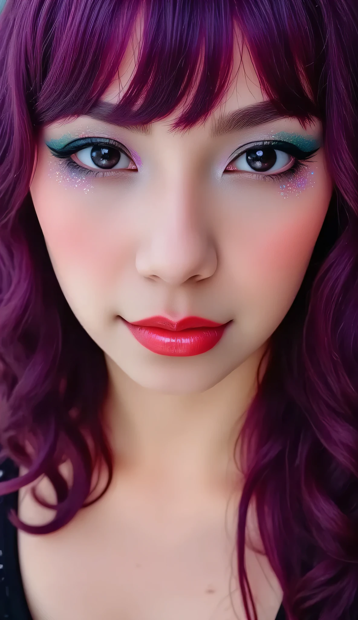 80’s glam rock makeup on shiny android face, anime, 2.5D, Glittery face, moody lighting, (purples, pinks, and blues), iridescent face, abstract ai model, pretty, sexy, minimal, sleek, slender, asian, elegant, chic, futuristic, retro, sophisticated half human half machine, close up face portrait,