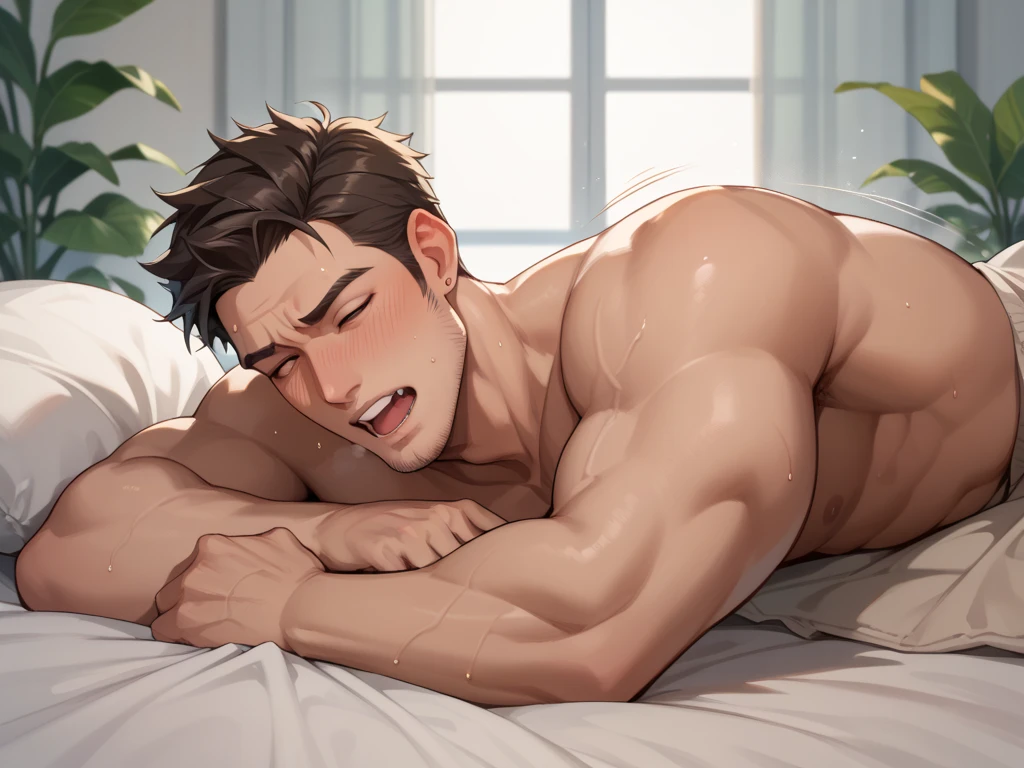 A young guy of 25 years old sleeps in bed, lying on his stomach, covered with a corner of the sheet that has slipped down, beautiful round buttocks are visible, a strong athletic body, sweat on the buttocks, hot, twilight