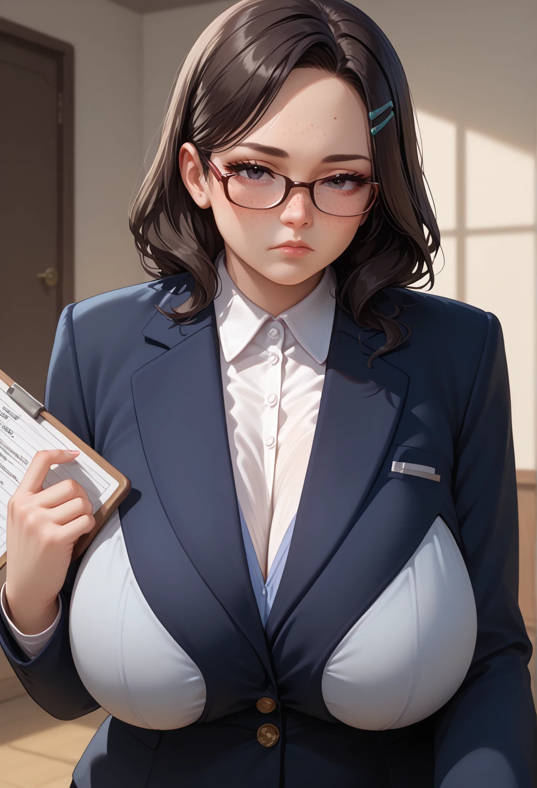 long hair, woman, suit, hourglass, 25 years old, Japan person , hyper breast,