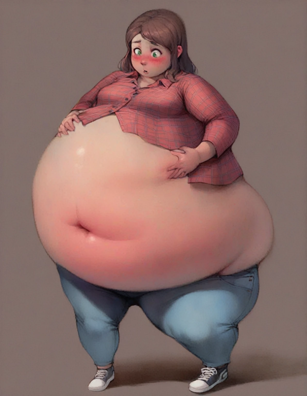 ((American traditional tattoo style)), (morbidly obese woman) with chubby face, (visible vagina), (fully nude), (obese body), (big round belly), busty, ((plain backgound:1.3)), large breasts, Ginger hair, full_body,
