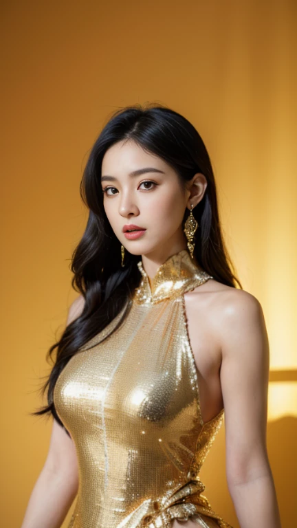 black hair, Surrealism, 8k, super detail, UHD, masterpiece, ccurate, anatomically correct, textured skin, super detail, high details, high quality, best quality, 8k,Beautiful woman,(golden dress:1.5),Glittering costumes,Princess,western castle