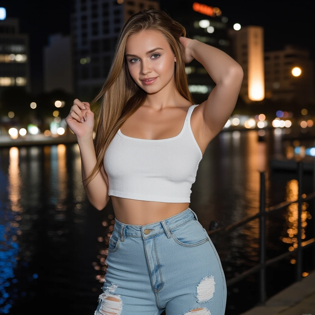 professional, (8K photo:1,1), (Focus:1,3), high detail, playful 18 year old Italian girl, (attractive young woman:1.3), (seductive:1.1), beautiful detailed face, blue eyes, blonde hair, (blushing:1.1), Beautiful young and athletic body, Beautiful breasts:1.2, beautiful smile, dressed in a tank top and denim shorts, walking along the Taranto seafront at night