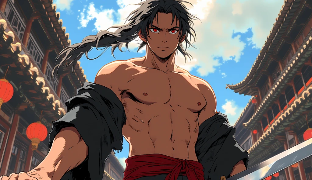 best quality (katana: 1.4), serious,(at night: 1.4), a single 16-year-old has long black hair that is loose to the winds, and poured down his body, smooth and shiny, which fall gently to his back. Her hair is thick and has a healthy appearance, contrasting with her fair skin. The young man's eyes are deep and emerald green, intense as two light pearls. They reflect calm and an inquisitive curiosity. With his upright posture, the young man shows a confident bearing and a cheerful and hyperactive aura. He is shirtless and underneath wears the underside of a white kimono with blue-green details with grey clouds printed, with a large yellow ribbon at his waist, sleeveless, made of a quality fabric. giving him the look of a swordsman. At his waist, he carries a white katana with gray details on the blade. The long, sharp blade is made of polished steel, reflecting light. The katana grip is wrapped in black leather, offering a firm and secure grip. The scabbard of the sword adorned with demonic symbols. Kimetsu no Yaiba style, alone, 1boy, muscular man, demon slayer style, loose hair, quiet look, smiling, tall, confident, only 1, spilled hair, loose and big hair, small monkey on his shoulder, demon slayer artstyle