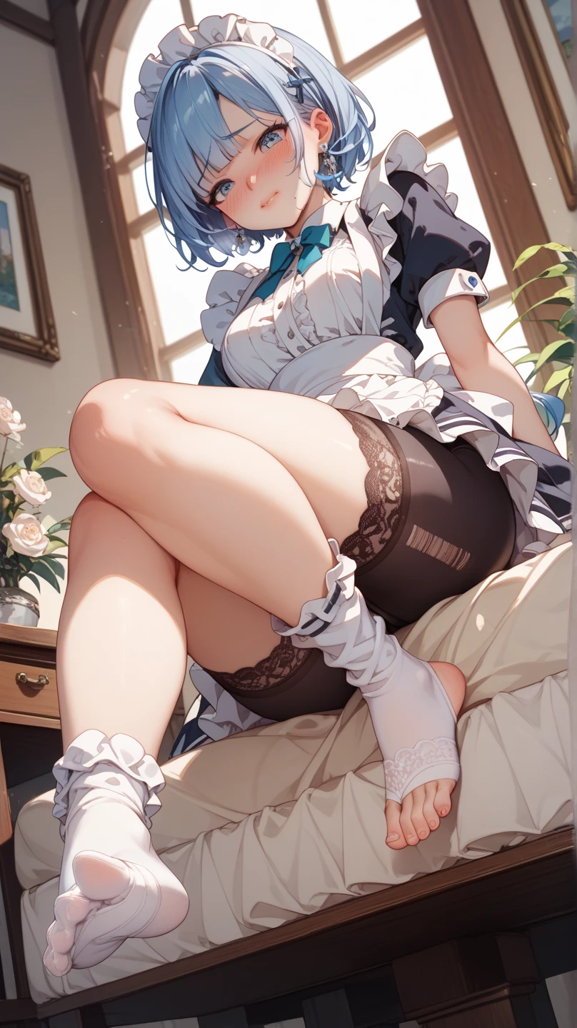 ((Biologically correct limb count)),(( From head to toe,Full-body photo including face)),4K,((Standing position)),masterpiece,((Focus on the face)),((Symmetrical facial features)),Eyes with detailed description,Beautiful woman,Great style,Beautiful arms,Beautiful legs,Beautiful Hands,(Small Ass,Thin thighs),Facial detailing,Small earrings,necklace,(Light blue enamel maid outfit、mini skirt((Black high heels,Black patterned stockings))),Realistic photo,Lying on the linoleum floor,Low angle photo,A little panchira,Rose petals are scattered all around、