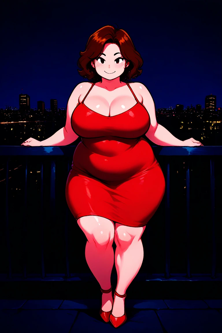 an anthropomorphic pregnant rabbit wearing a nice dress with long flowing brown hair, wide hips, large breasts and a big belly standing in a city penthouse with a view of the city at night