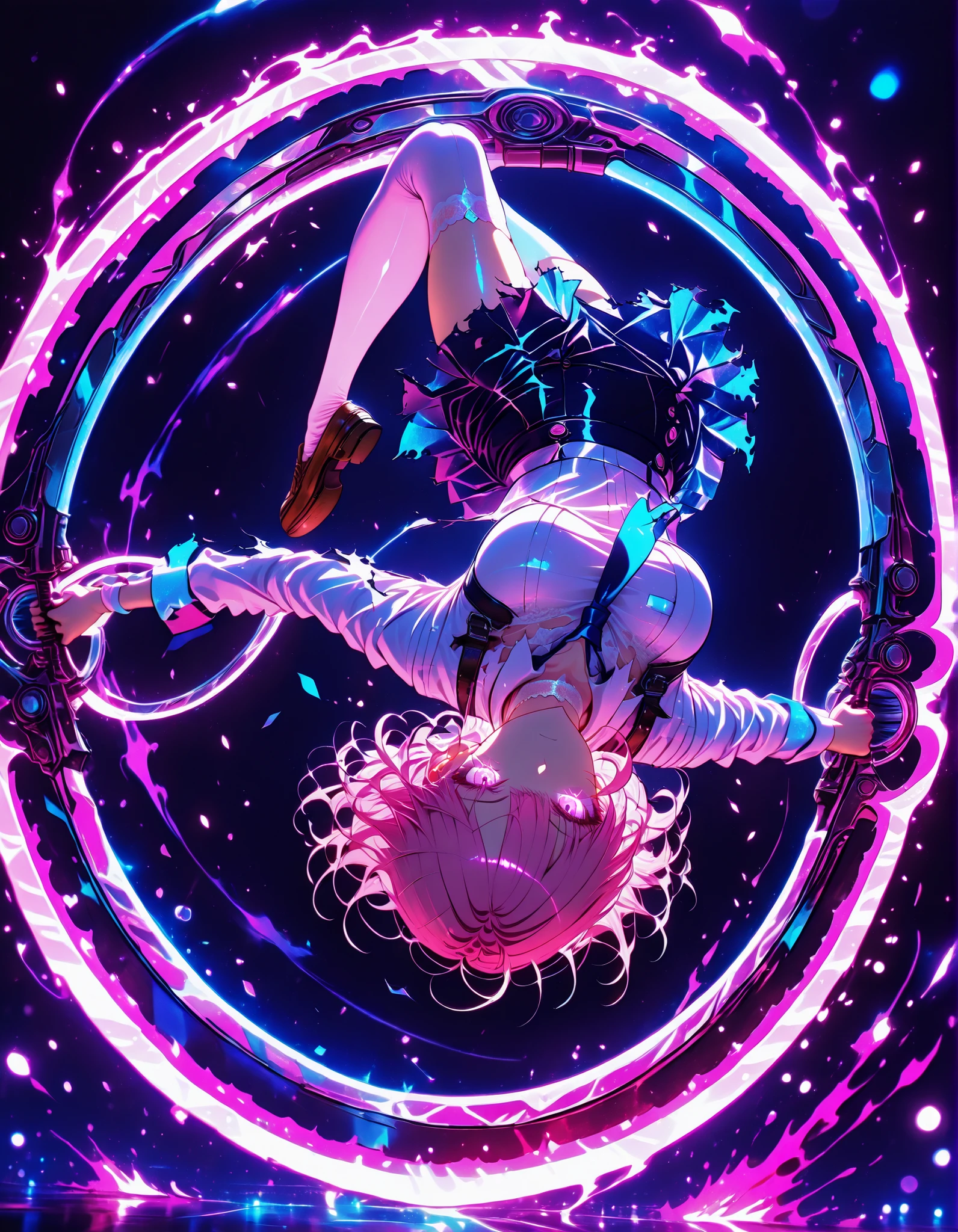neon art, neon lineart, colorful neon lineart, neon silhouette, silhouette, neon colors, glowing, glow effect, bright outlines, vibrant colors, high contrast, dark background, digital art, extreme perspective、upside-down, backflip、Whole body expression, 1 girl, violet eyes, light pink hair, short hair, cool, beautiful, medium breast, very cute, lovely, kawaii,
, white lace choker, school uniform, neon trims, white shirt, marine blue necktie, marine skirt, intricate white thighhighs, brown loafers, torn clothes, scratch, solo, glowing eyes, looking at viewer, dynamic shot, dynamic view, dynamic pose, holding two ((chakram, windfire wheels)), crouching, foreshortening, bokeh, glittering, sparkling, blood splash, bloody, blood, blue theme, (((black background)))
