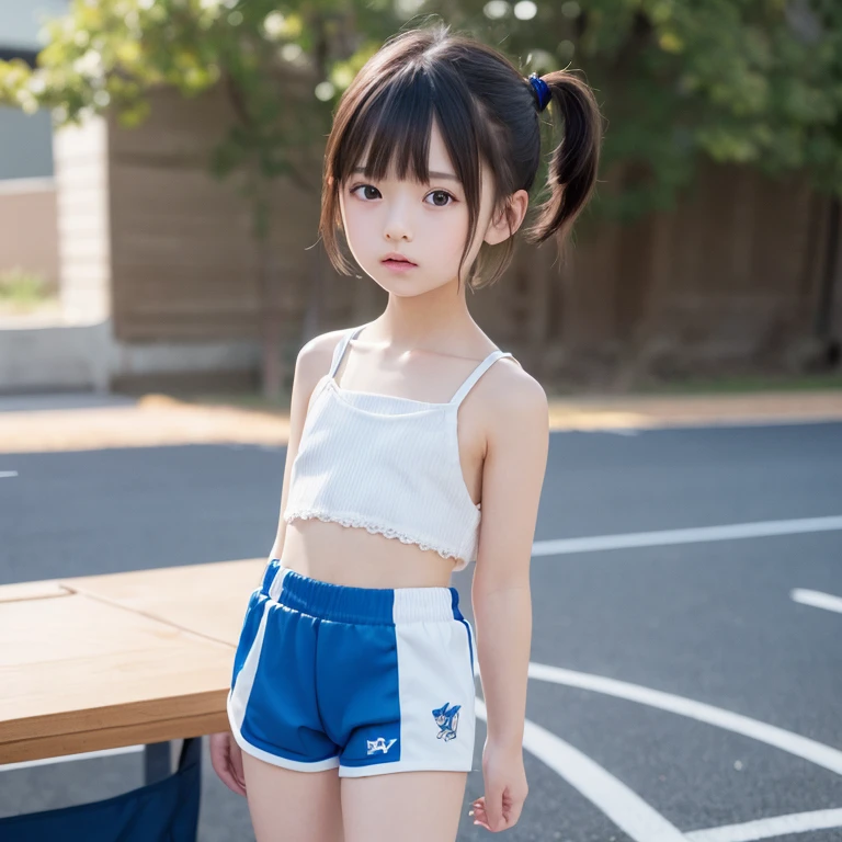 (((Japanese female elementary school student)))(9-year-old girl) ((((9-year-old girlが一人、solo)))) whole body写真 Full Shot Short Hair A low ponytail whole body Thighs Land athletics Racing Top Racing Shorts cute (smile) Ground Body wet with sweat Shot from between the legs Spread your legs Through the gap(Panties)I can see