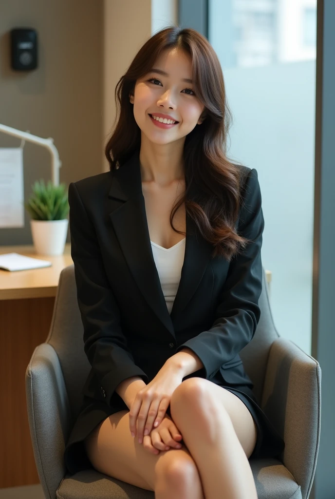 Delicate makeup cool beauty, Accurately express the fine details of the face and skin texture,(The most beautiful face and eyes),26Old woman、 Full body photo、Delicate skin,Looking into the camera、smile、Beautiful teeth alignment、business suit、((sit in office chair:1.3))、(Black Pantyhose:1.2), (pumps)、、 indoor, ,The background is the office
