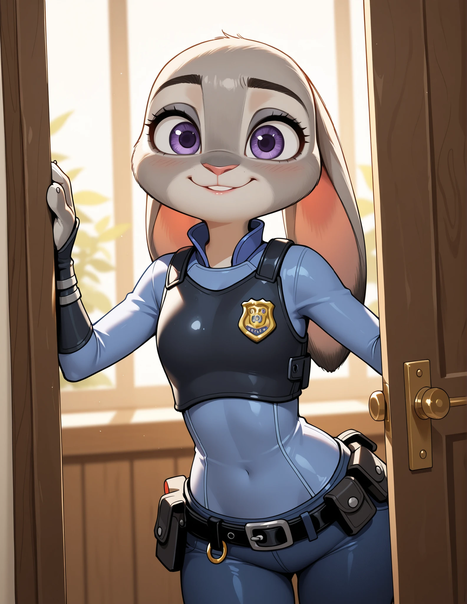cleavage,score_9, score_9_up, score_8_up, score_7_up, score_6_up, score_5_up, source furry, anthro, Long exposure photo of Hyperrealistic art anthro, judy hopps, detailed two tone grey fur body with white chest, grey lagomorph feminine beautiful face, nsfw, lustful facial expression, detailed eyes, wearing police uniform. birds eye view shot, in horse stable with romantic lighting, Horse in stable. A horse is standing, detailed horse, Judy hopps holding his horse cock, stroking the horses cock, Judy hopps holding a big horse cock, detailed horse cock, detailed balls, detailed hands