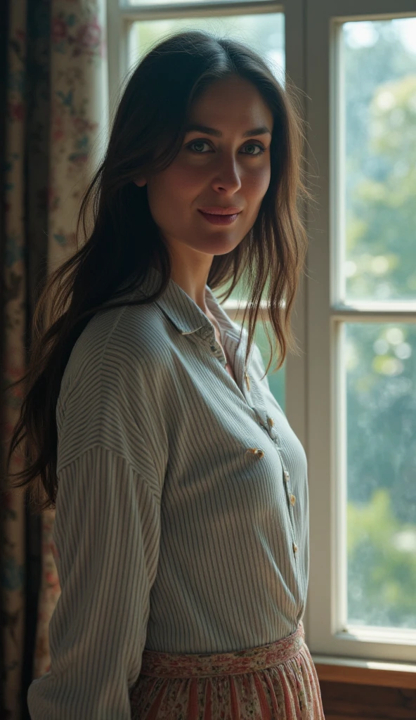 there  a woman with long hair and a blue shirt, this person does not exist, girl next door innocent look, entire person visible, she has a distant expression, 30-year-old french woman, serious face, realistic person, serious and stern expression, wholesome expression, dressed casually, entire body visible, full body, hyperrealistic, best quality, 8K, real human skin, masterpiece, extremely intricate, detailed eyes, detailed face, detailed body, exaggerated features, pronounced features, fujifilm
