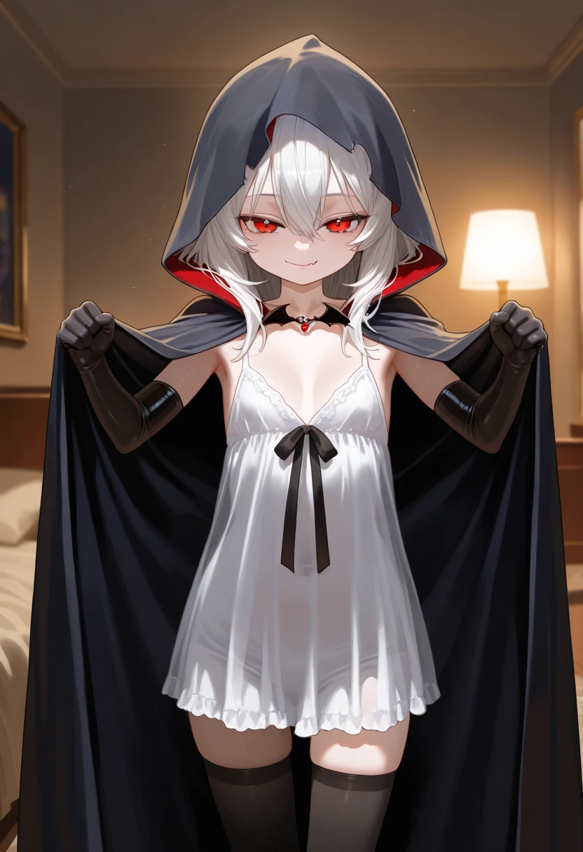 Fox Girl(short white hair,Red eyes),Black lace nun dress,White lace stockings,loli