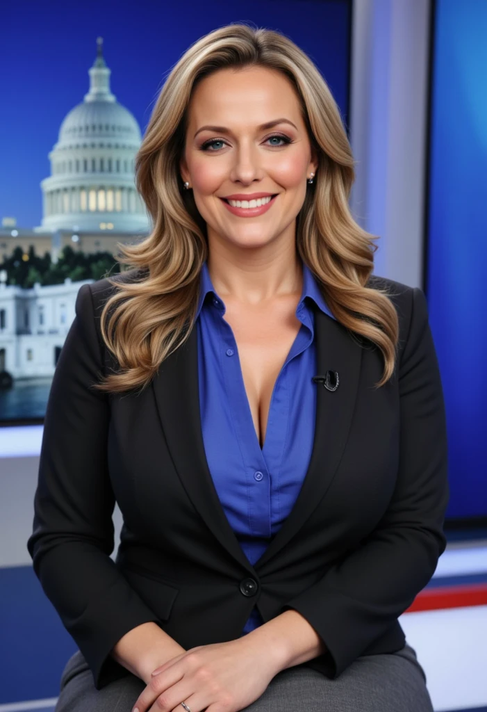 Full body shot of a beautiful blonde with a curvy body and large breasts. Vanna White. Wearing a low-cut brown dress  with a short skirt with slits up the sides to her upper thigh. Brown high heel shoes. Standing by the letterboard on Wheel of Fortune