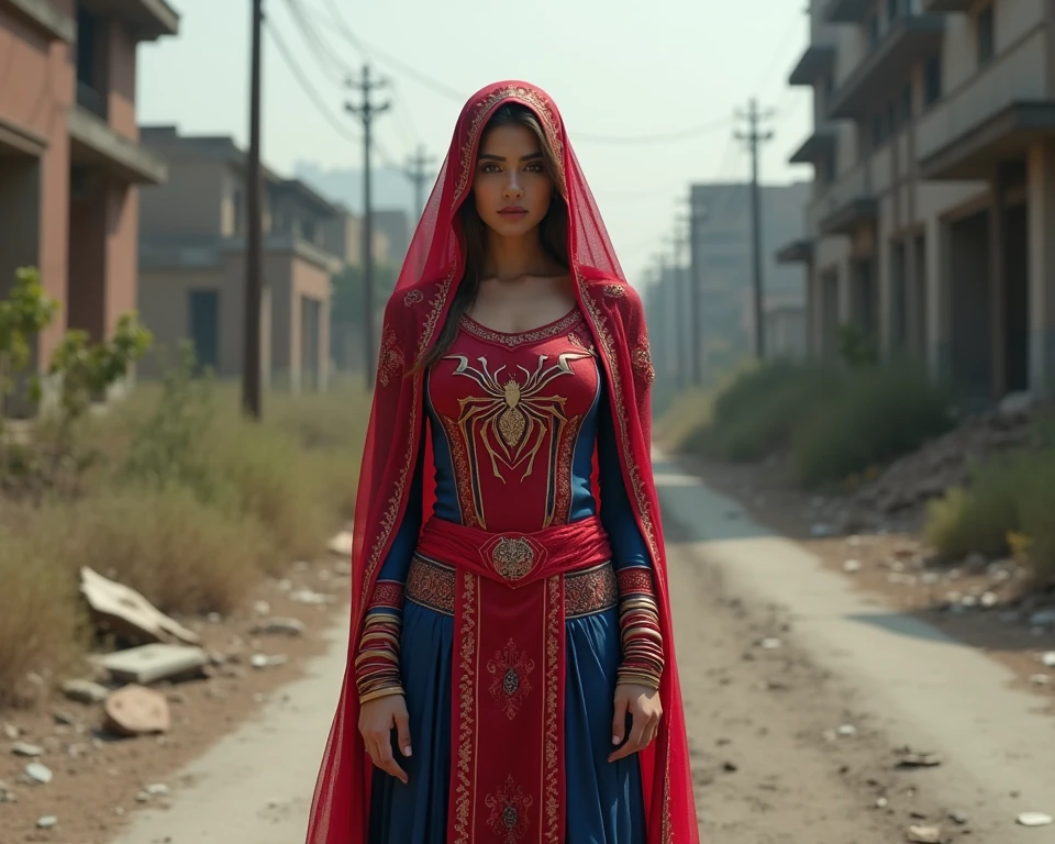 best quality, masterpiece, very high resolution, (photorealistic:1.2), Indonesian female Marvel hero in hijab, (face detail:1.2), (eye detail:1.2), (clothing detail:1.2), (full body detail:1.2), 4k,, Indonesian female Marvel hero in hijab, (walking) on ​​a village street, with a screaming expression while carrying a large banner with the words "montong micen Limbah pabrik goblog" next to many hodie shops, 34k ultra FULL HD.