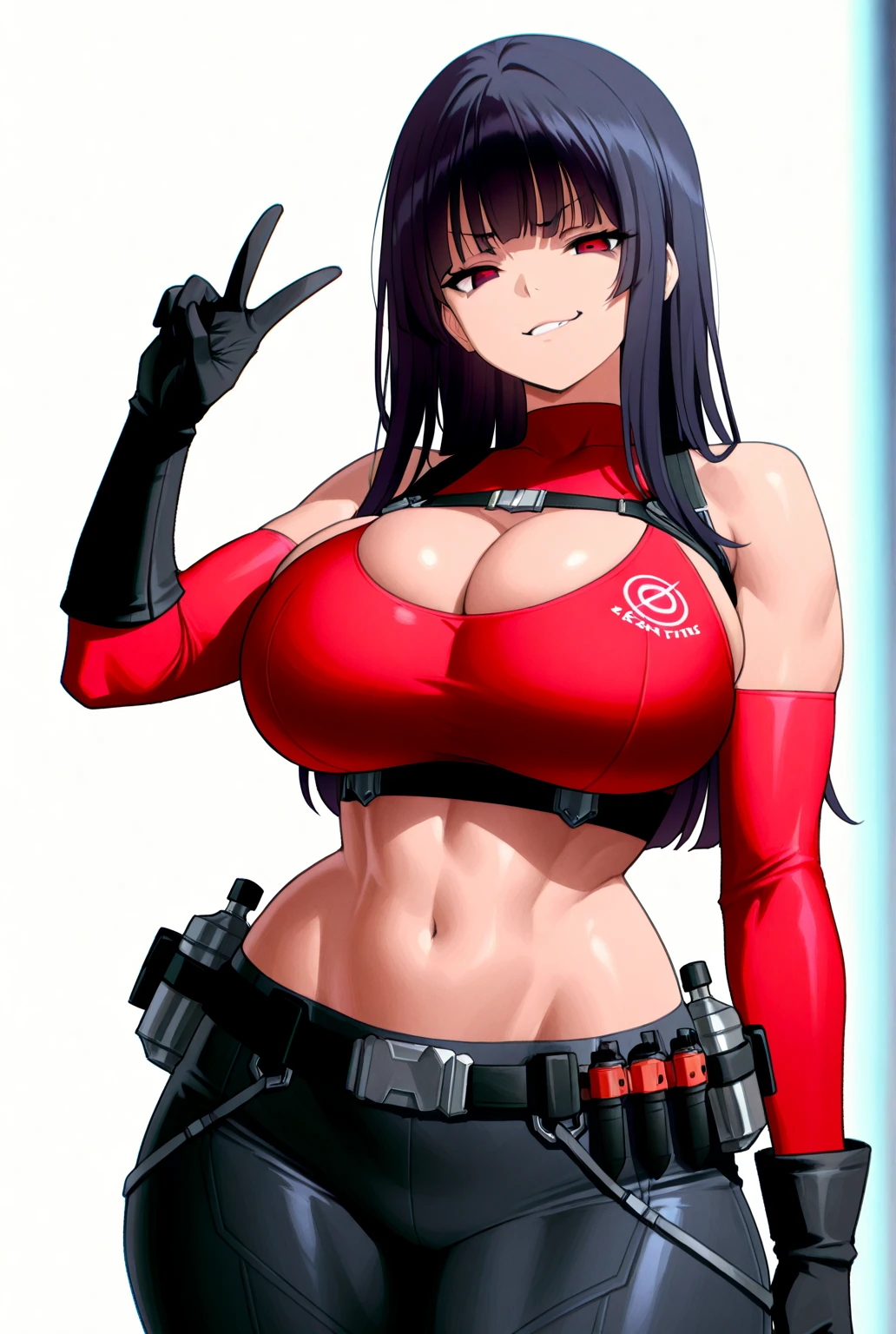 (masterpiece:1.2, best quality), (finely detailed beautiful eyes: 1.2), a girl with a brown ponytail, green eyes, big breasts, only 1 girl, age 20, black red dva jumpsuit,bikini style