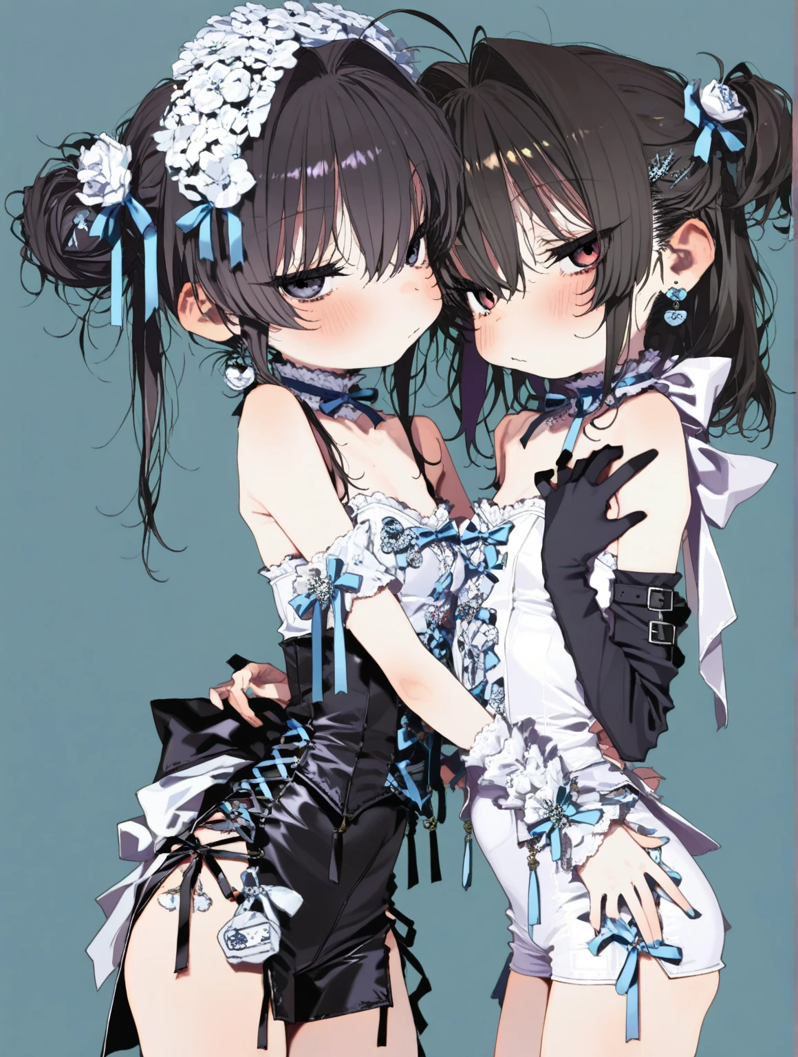 (anime style),masterpiece, best quality, extremely detailed,tanned skin,12yo,hug each other 2gal,dark skin Beautiful body,bouncing_breasts,BREAK,multicolored colorful hair,little side ponytail,short hair with long locks,BREAK,red eyes,naughty smile,shy,eyes half open,thick eyebrow,smug,open mouth,eyes widen,sensual face,smile face,detailed lips,False eyelashes,BREAK,cotton red big ribbon,BREAK, blackow camisole dress,midriff baring outfit,frilled clothing,bridal gown,lmicroskirt,break,head tilt,coquettish pose
