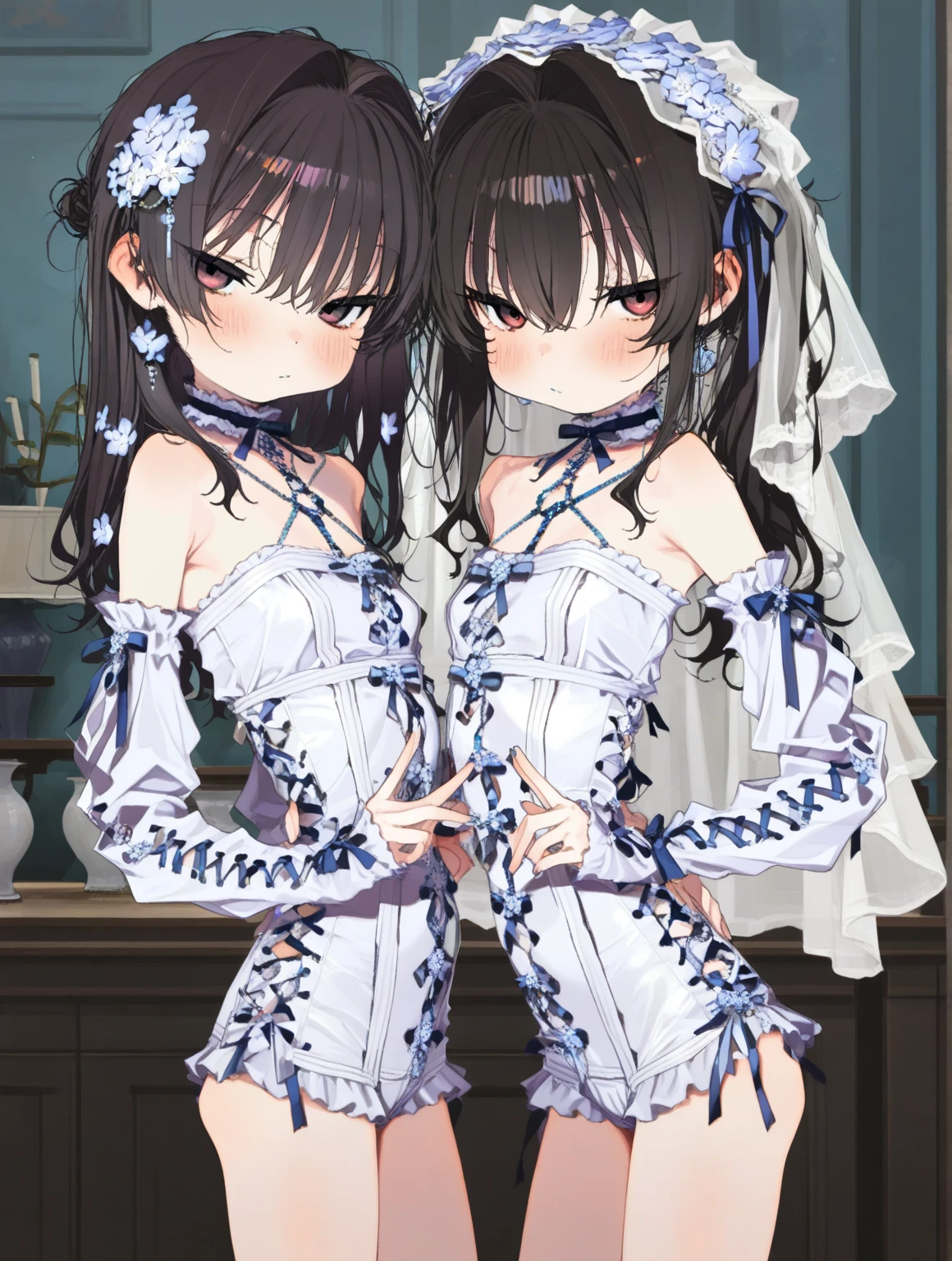 (Masterpiece:1.2, Highest quality:1.2), High quality, (long and thin legs, shoes:1.2), squat、Spread your legs with both hands、1 girl, (smile、Open your mouth大笑い:1.2), Cute eyes, (Detailed face:1.3)、Open your mouth, The whole face turns red, alone, Oversized breasts, Big and ample breasts, (Straight bangs, Twin tails), White maid outfit、(Bust only super micro bikini:1.2)、Side bust、Underbust、belly button、Walking the mansion's corridors、nsfw、shoes下